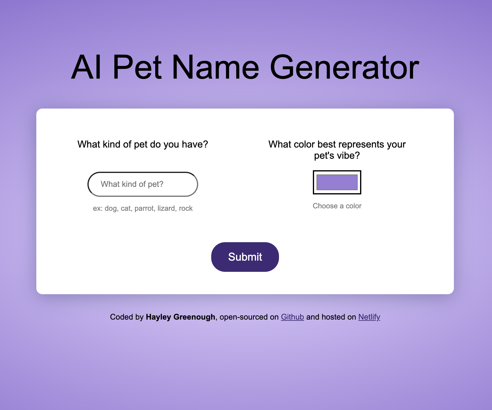 AI pet name generator app homepage image
